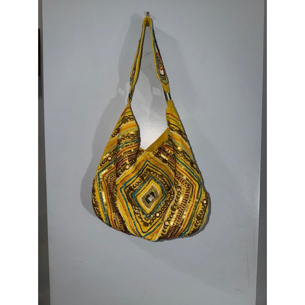 Vintage Nine West yellow canvas hobo bag sequin seed‎ bead embellishment large